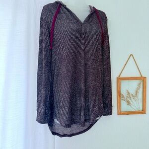 Olive + Oak Striped Pullover Hoodie with Burgundy Accents Lightweight Soft Large